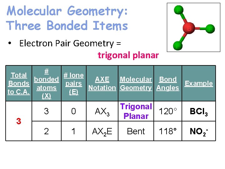 Molecular Geometry: Three Bonded Items • Electron Pair Geometry = trigonal planar # Total