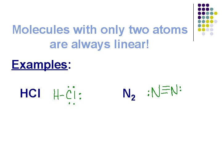 Molecules with only two atoms are always linear! Examples: HCl N 2 
