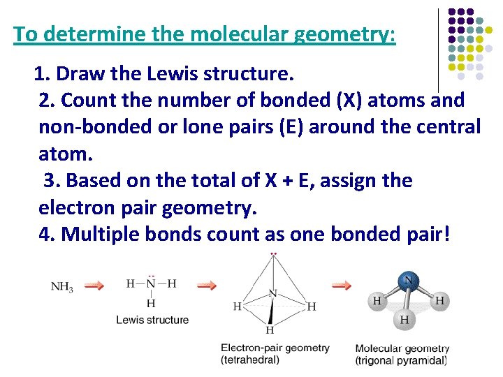 To determine the molecular geometry: 1. Draw the Lewis structure. 2. Count the number