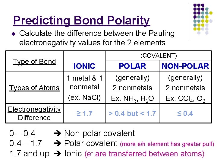 Predicting Bond Polarity l Calculate the difference between the Pauling electronegativity values for the