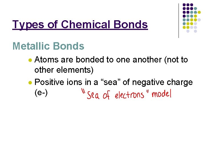 Types of Chemical Bonds Metallic Bonds Atoms are bonded to one another (not to