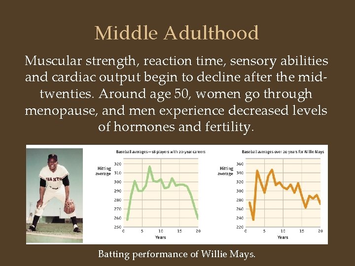 Middle Adulthood Muscular strength, reaction time, sensory abilities and cardiac output begin to decline