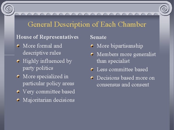 General Description of Each Chamber House of Representatives More formal and descriptive rules Highly