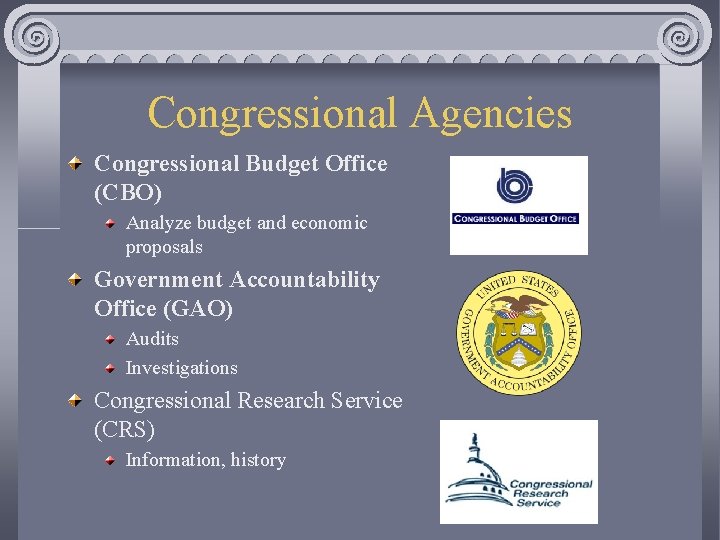 Congressional Agencies Congressional Budget Office (CBO) Analyze budget and economic proposals Government Accountability Office