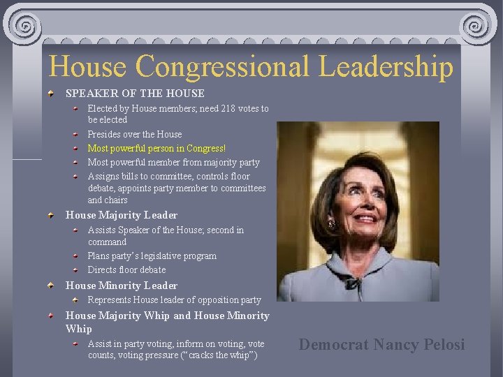 House Congressional Leadership SPEAKER OF THE HOUSE Elected by House members; need 218 votes