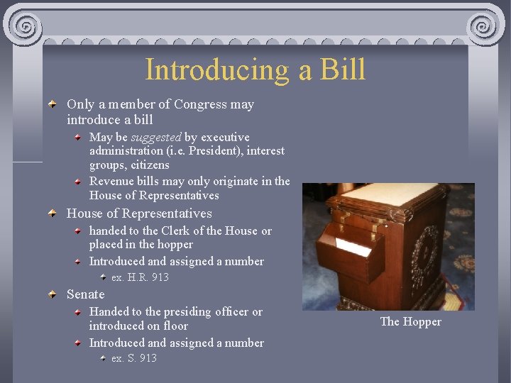 Introducing a Bill Only a member of Congress may introduce a bill May be