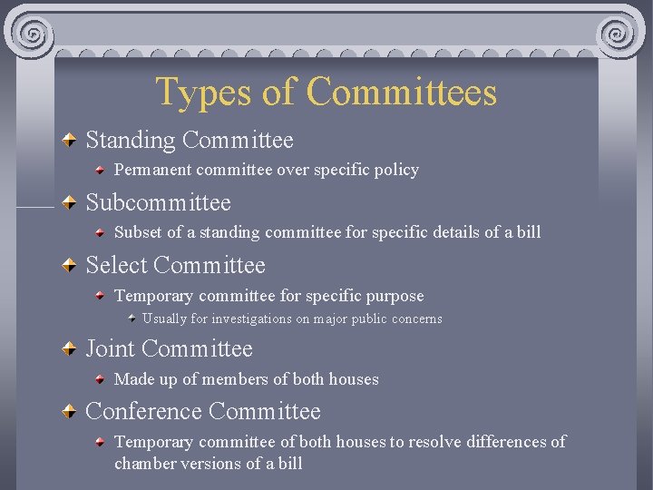 Types of Committees Standing Committee Permanent committee over specific policy Subcommittee Subset of a