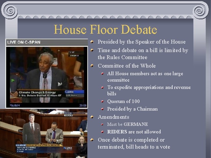 House Floor Debate Presided by the Speaker of the House Time and debate on