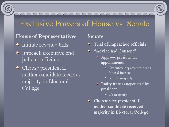 Exclusive Powers of House vs. Senate House of Representatives Initiate revenue bills Impeach executive