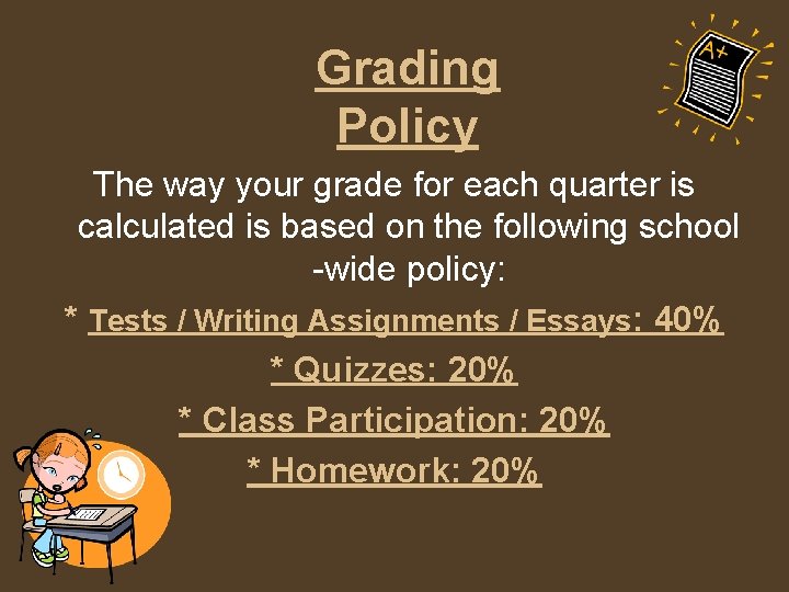 Grading Policy The way your grade for each quarter is calculated is based on