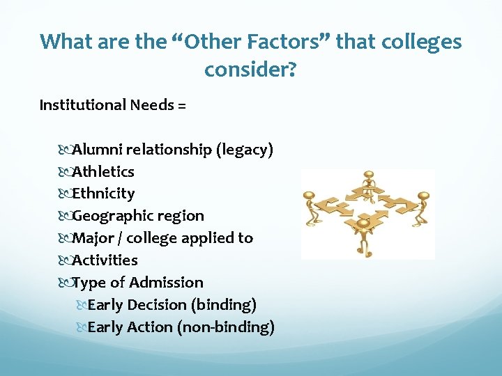 What are the “Other Factors” that colleges consider? Institutional Needs = Alumni relationship (legacy)