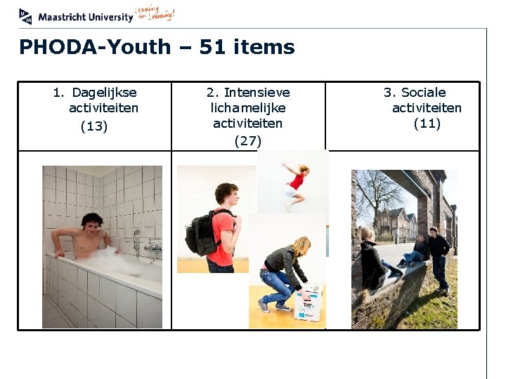 PHODA-Youth – 51 items 1. Dagelijkse activiteiten (13) MUMC+ 2. Intensieve lichamelijke activiteiten (27)