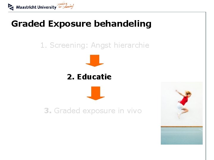 Graded Exposure behandeling 1. Screening: Angst hierarchie 2. Educatie 3. Graded exposure in vivo