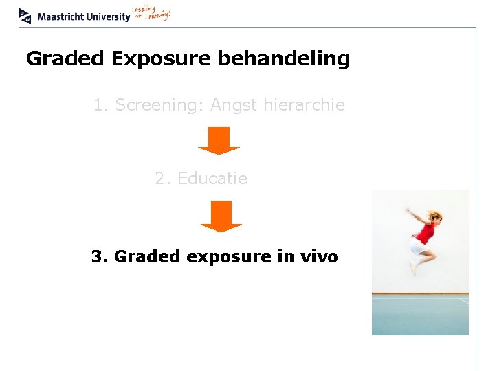 Graded Exposure behandeling 1. Screening: Angst hierarchie 2. Educatie 3. Graded exposure in vivo