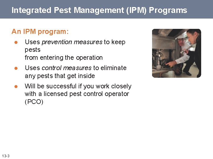 Integrated Pest Management (IPM) Programs An IPM program: 13 -3 l Uses prevention measures