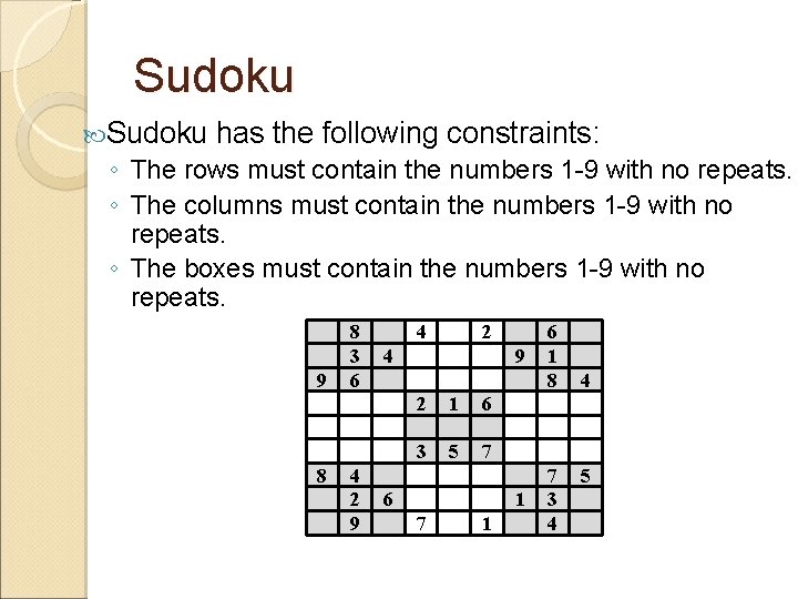 Sudoku has the following constraints: ◦ The rows must contain the numbers 1 -9