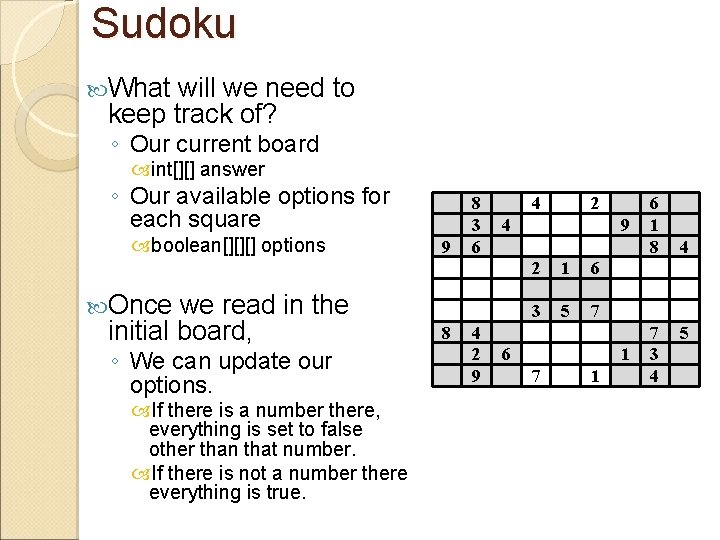 Sudoku What will we need to keep track of? ◦ Our current board int[][]