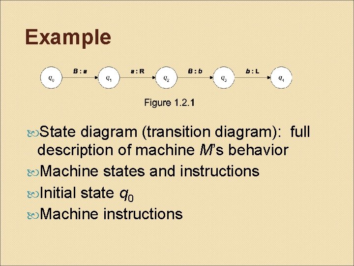 Example State diagram (transition diagram): full description of machine M’s behavior Machine states and