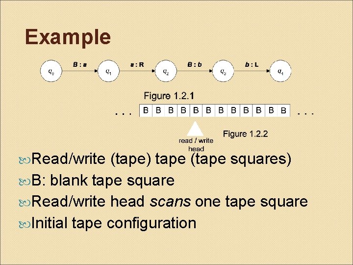 Example Read/write (tape) tape (tape squares) B: blank tape square Read/write head scans one