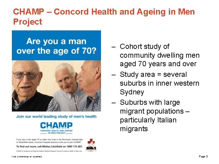 CHAMP – Concord Health and Ageing in Men Project – Cohort study of community