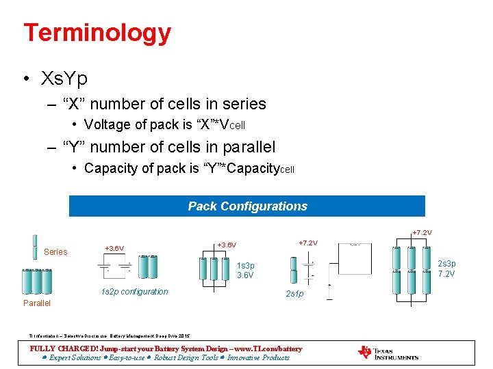 Terminology • Xs. Yp – “X” number of cells in series • Voltage of