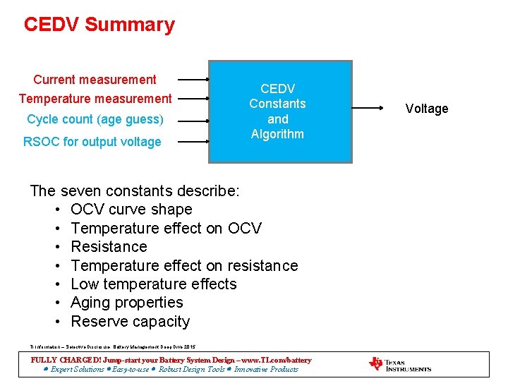 CEDV Summary Current measurement Temperature measurement Cycle count (age guess) RSOC for output voltage