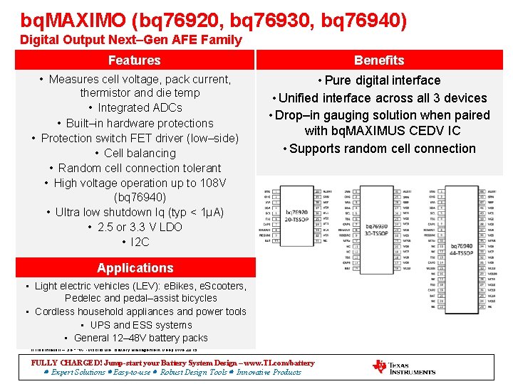 bq. MAXIMO (bq 76920, bq 76930, bq 76940) Digital Output Next–Gen AFE Family Features