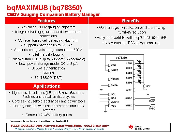 bq. MAXIMUS (bq 78350) CEDV Gauging Companion Battery Manager Features • Advanced CEDV gauging