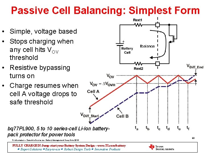 Passive Cell Balancing: Simplest Form • Simple, voltage based • Stops charging when any