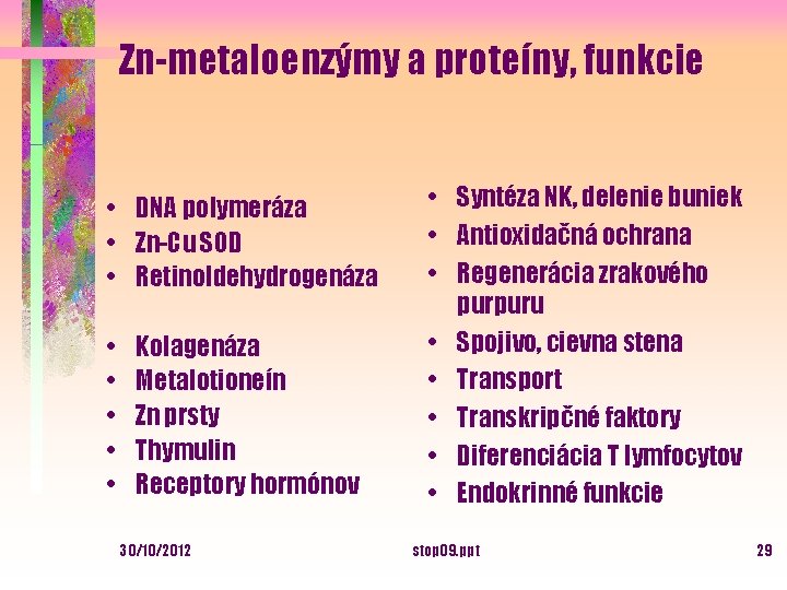 Zn-metaloenzýmy a proteíny, funkcie • DNA polymeráza • Zn-Cu SOD • Retinoldehydrogenáza • •