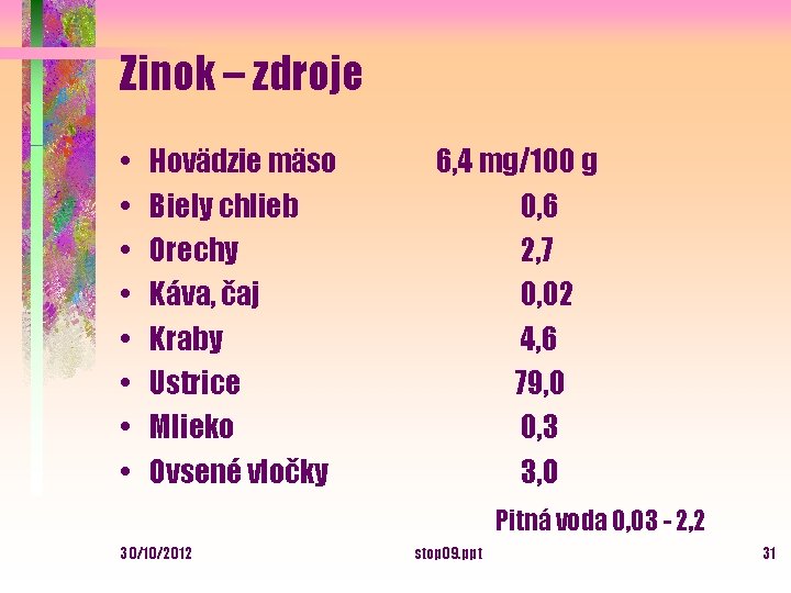 Zinok – zdroje • • Hovädzie mäso Biely chlieb Orechy Káva, čaj Kraby Ustrice