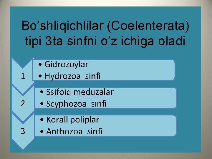 Bo’shliqichlilar (Coelenterata) tipi 3 ta sinfni o’z ichiga oladi 1 • Gidrozoylar • Hydrozoa