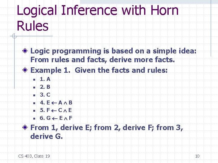 Logical Inference with Horn Rules Logic programming is based on a simple idea: From