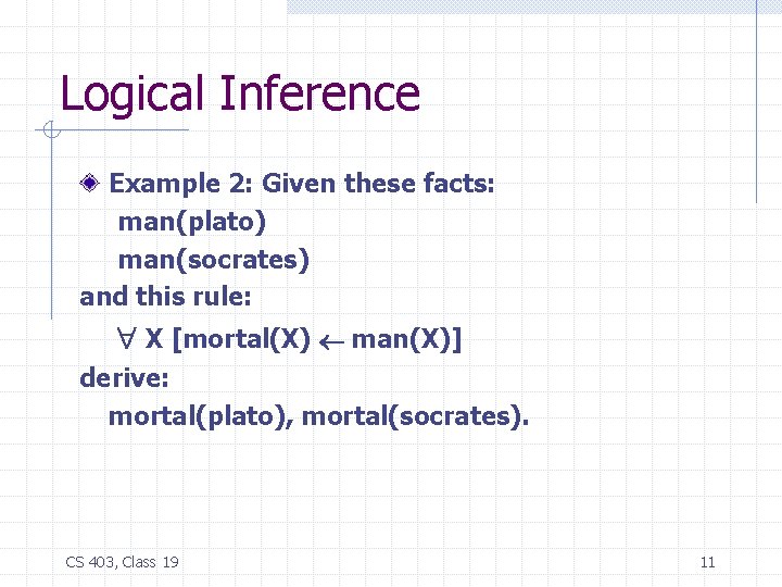Logical Inference Example 2: Given these facts: man(plato) man(socrates) and this rule: X [mortal(X)