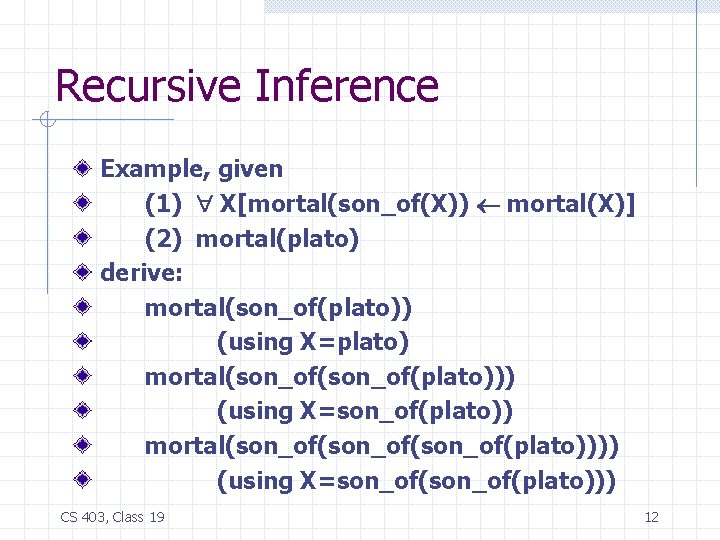 Recursive Inference Example, given (1) X[mortal(son_of(X)) mortal(X)] (2) mortal(plato) derive: mortal(son_of(plato)) (using X=plato) mortal(son_of(plato)))