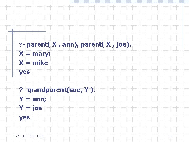 ? - parent( X , ann), parent( X , joe). X = mary; X