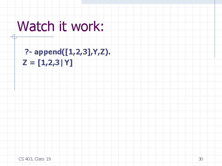 Watch it work: ? - append([1, 2, 3], Y, Z). Z = [1, 2,