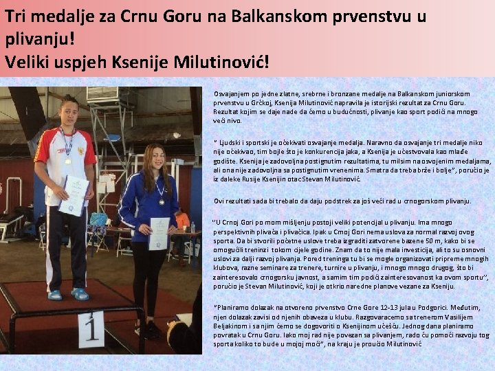 Tri medalje za Crnu Goru na Balkanskom prvenstvu u plivanju! Veliki uspjeh Ksenije Milutinović!