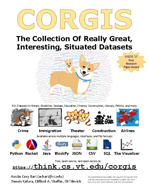 CORGIS The Collection Of Really Great, Interesting, Situated Datasets SIGCSE ‘ 17 Best Research CORGIS The Collection Of Really Great, Interesting, Situated Datasets SIGCSE ‘ 17 Best Research