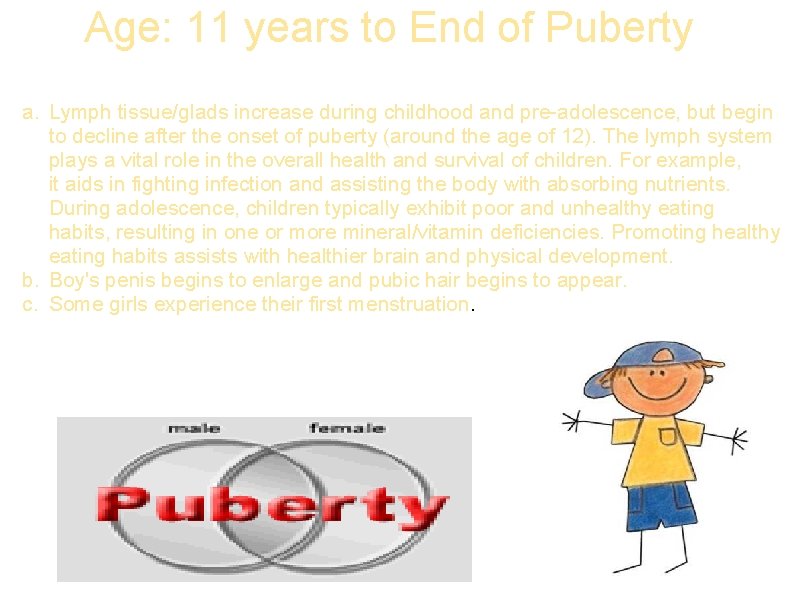 Age: 11 years to End of Puberty a. Lymph tissue/glads increase during childhood and