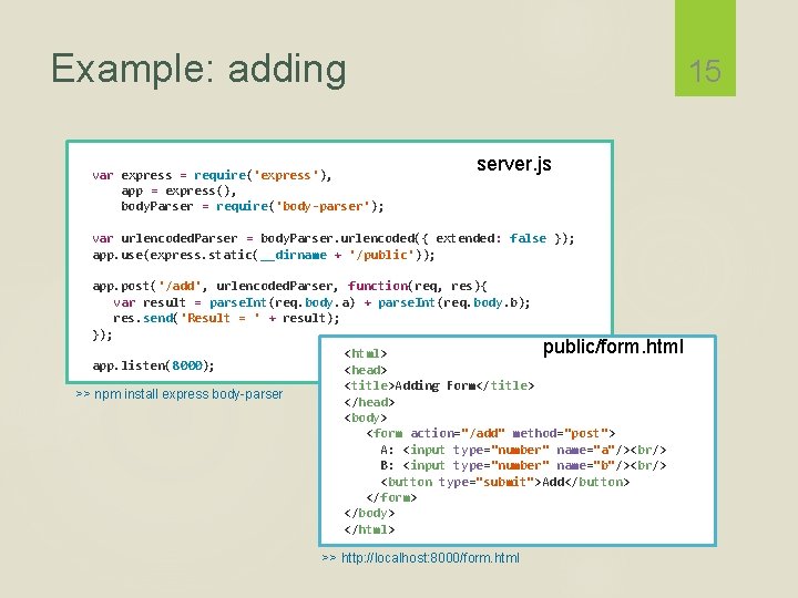 Example: adding var express = require('express'), app = express(), body. Parser = require('body-parser'); 15