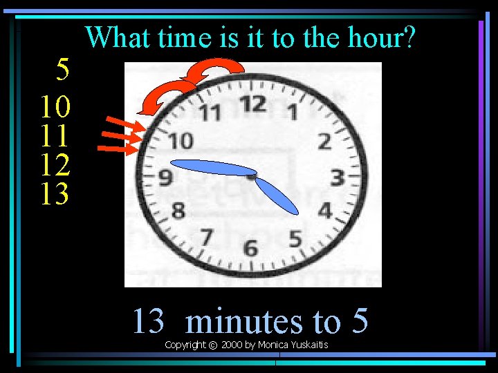5 10 11 12 13 What time is it to the hour? 13 minutes