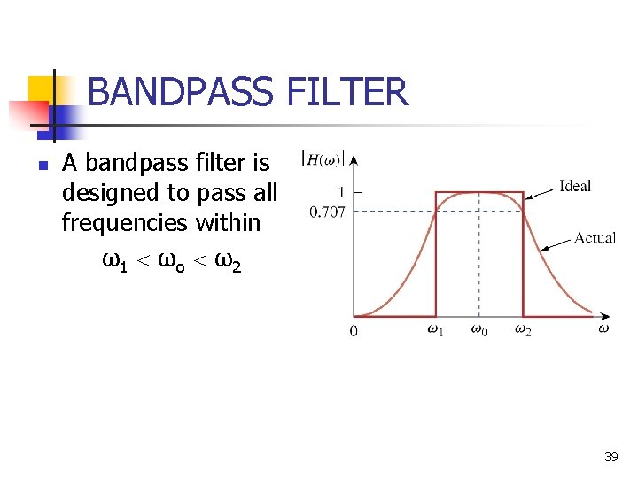 BANDPASS FILTER n A bandpass filter is designed to pass all frequencies within ω1