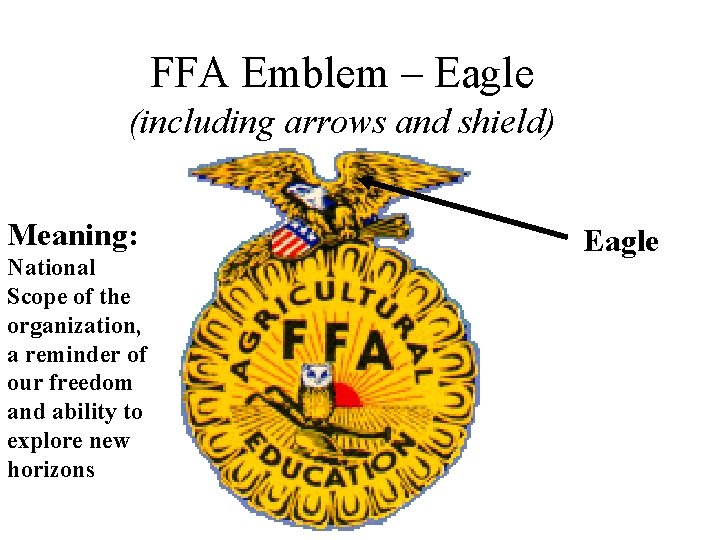 FFA Emblem – Eagle (including arrows and shield) Meaning: National Scope of the organization,