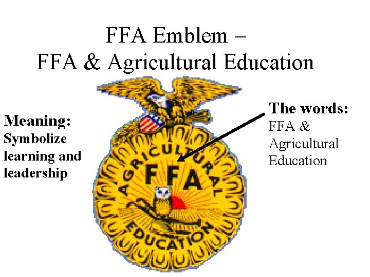 FFA Emblem – FFA & Agricultural Education Meaning: Symbolize learning and leadership The words: