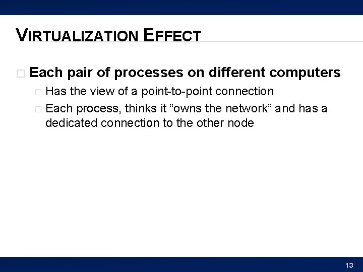 VIRTUALIZATION EFFECT � Each pair of processes on different computers Has the view of