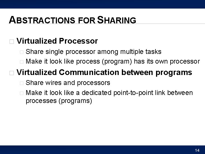 ABSTRACTIONS FOR SHARING � Virtualized Processor Share single processor among multiple tasks � Make