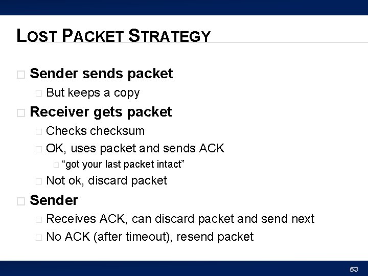 LOST PACKET STRATEGY � Sender sends packet � � But keeps a copy Receiver