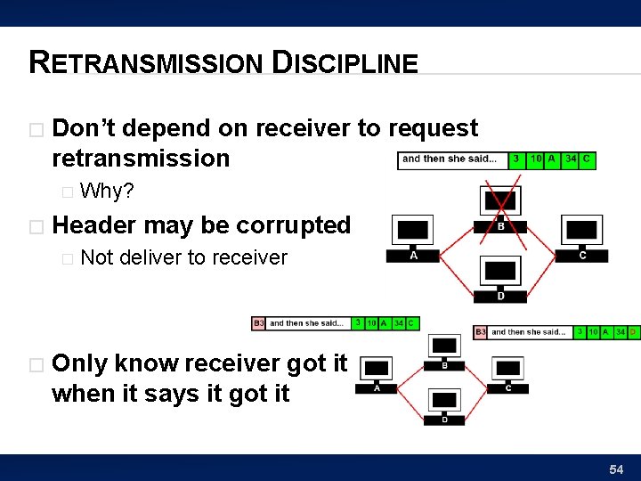 RETRANSMISSION DISCIPLINE � Don’t depend on receiver to request retransmission � � Header may