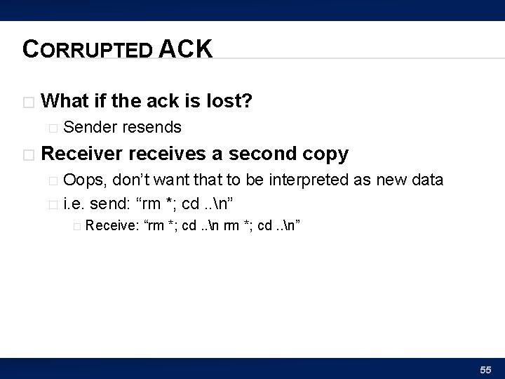 CORRUPTED ACK � What if the ack is lost? � � Sender resends Receiver